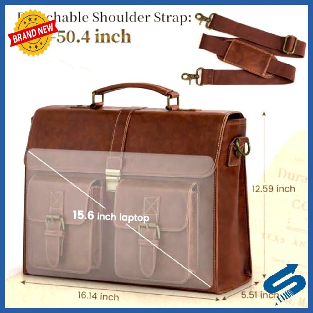 Vintage Leather Messenger Bag Laptop Briefcase Waterproof Office Travel Satchel - Picture 3 of 6